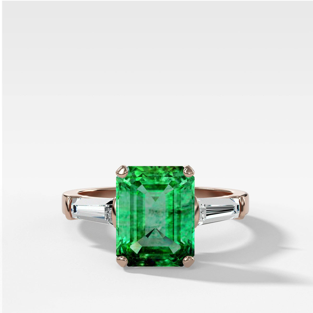 Emerald cut Emerald Translunar Ring with Tapered Baguette Diamond sides by Good Stone in Rose Gold
