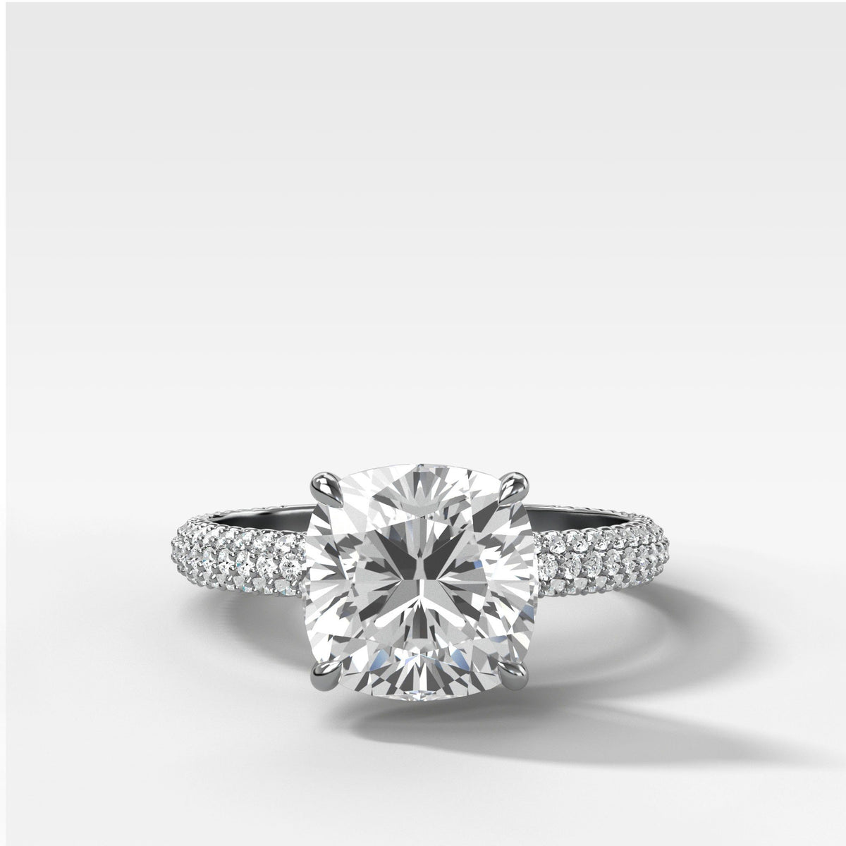 Triple Row Pavé Engagement Ring With Cushion Cut by Good Stone in White Gold