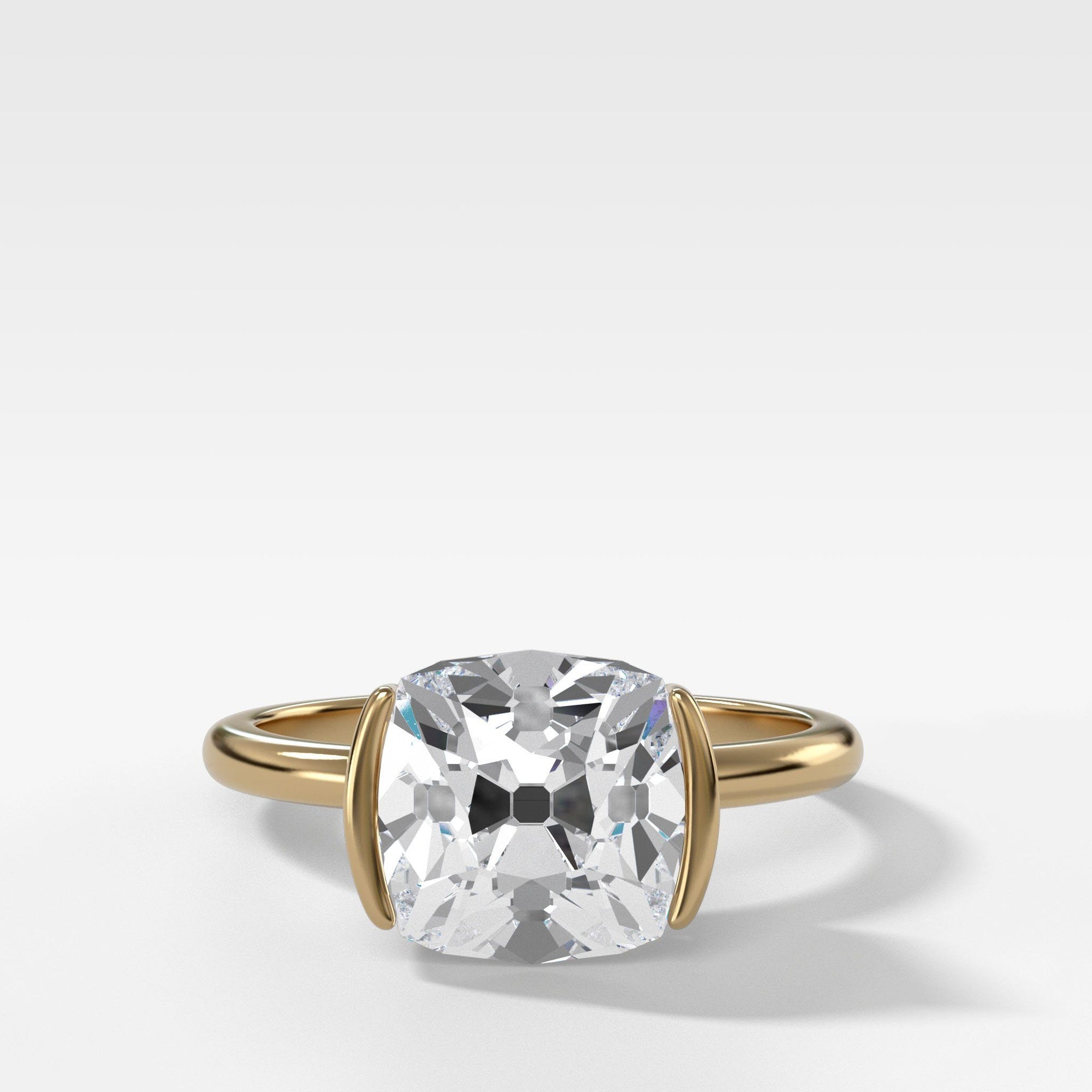Half Bezel Solitaire Engagement Ring With Old Mine Cut in Yellow Gold by Good Stone