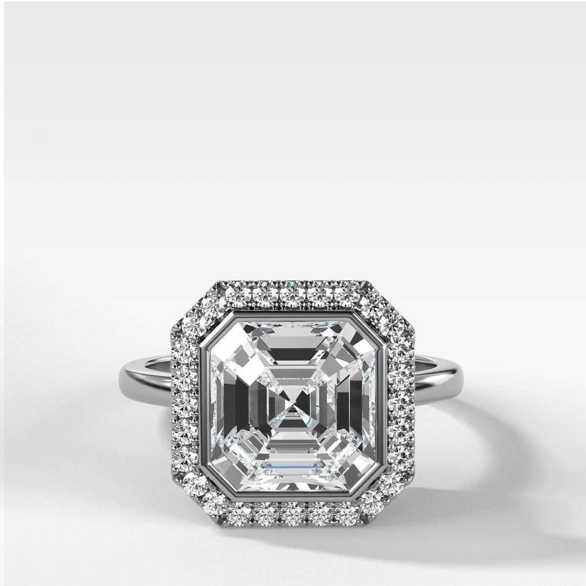 Bezel Set Halo Engagement Ring With Asscher Cut by Good Stone in White Gold
