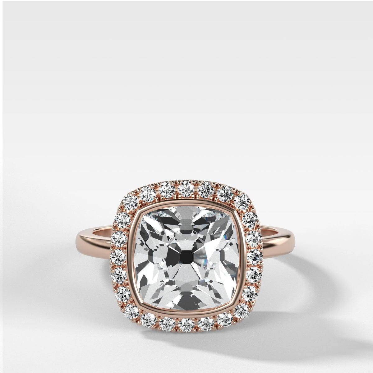 Bezel Set Halo Engagement Ring With Old Mine Cut by Good Stone in Rose Gold