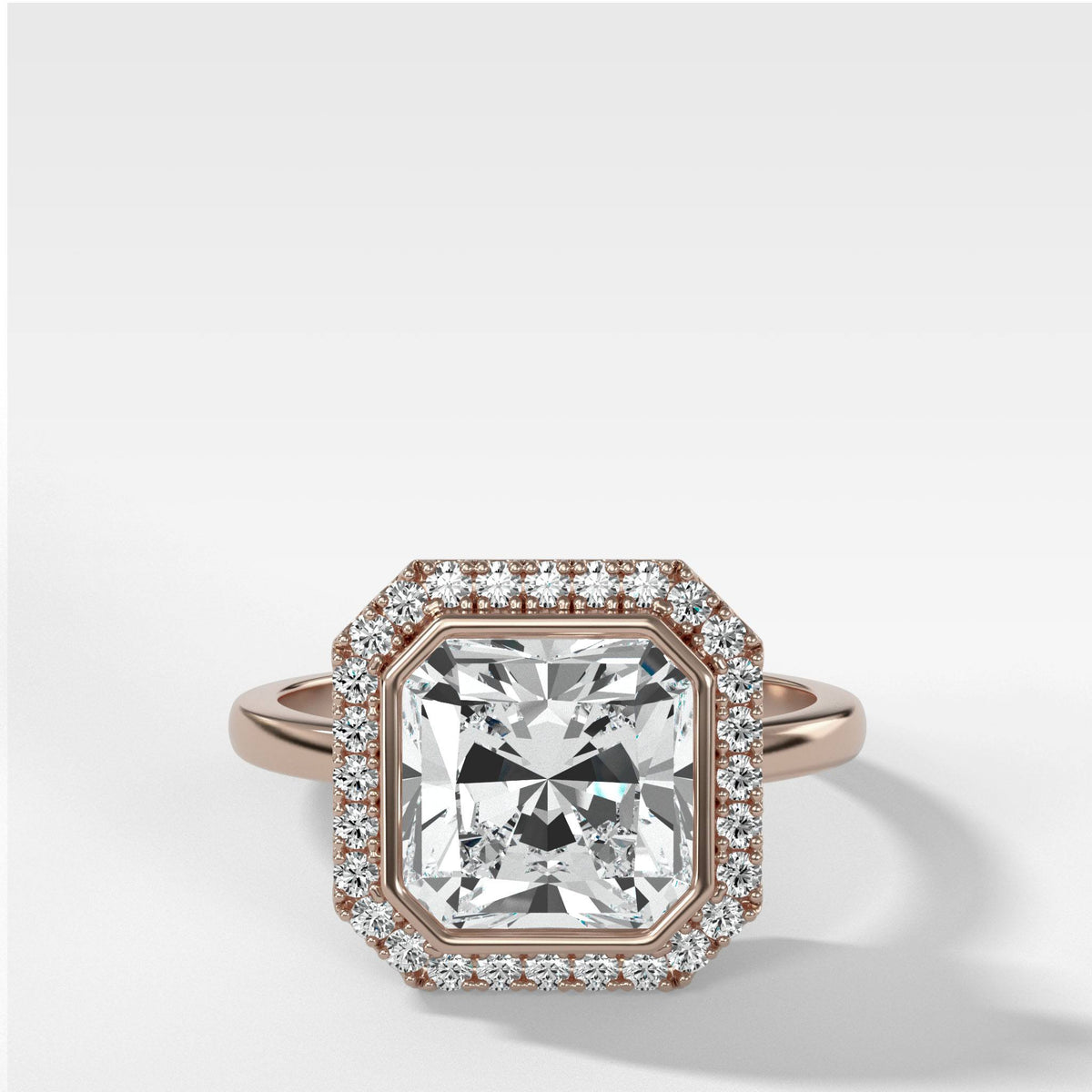Bezel Set Halo Engagement Ring With Radiant Square Cut by Good Stone in Rose Gold