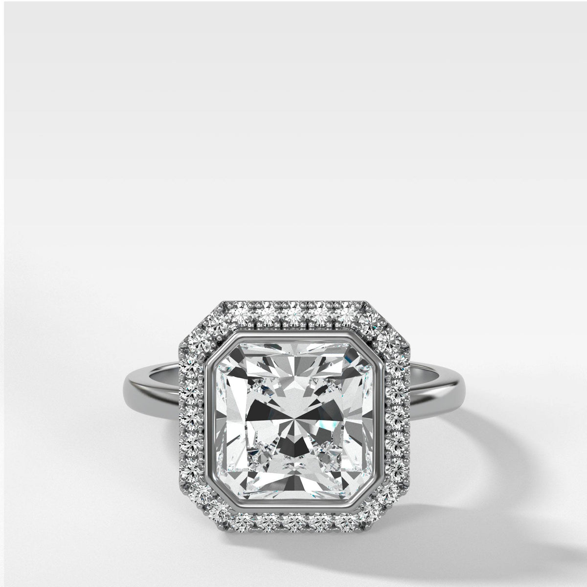 Bezel Set Halo Engagement Ring With Radiant Square Cut by Good Stone in White Gold