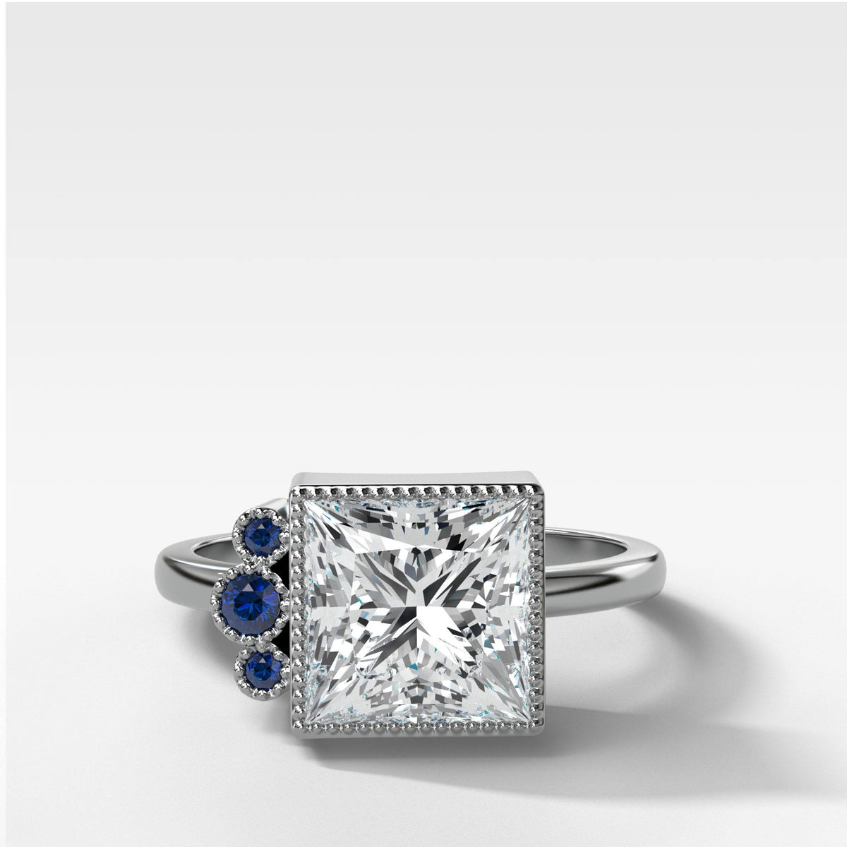 Blue Cluster Engagement Ring With Princess Cut by Good Stone in White Gold