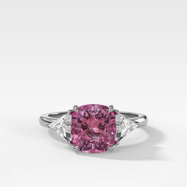 Pink Sapphire Three Stone Ring With Cushion Cut And Trillion