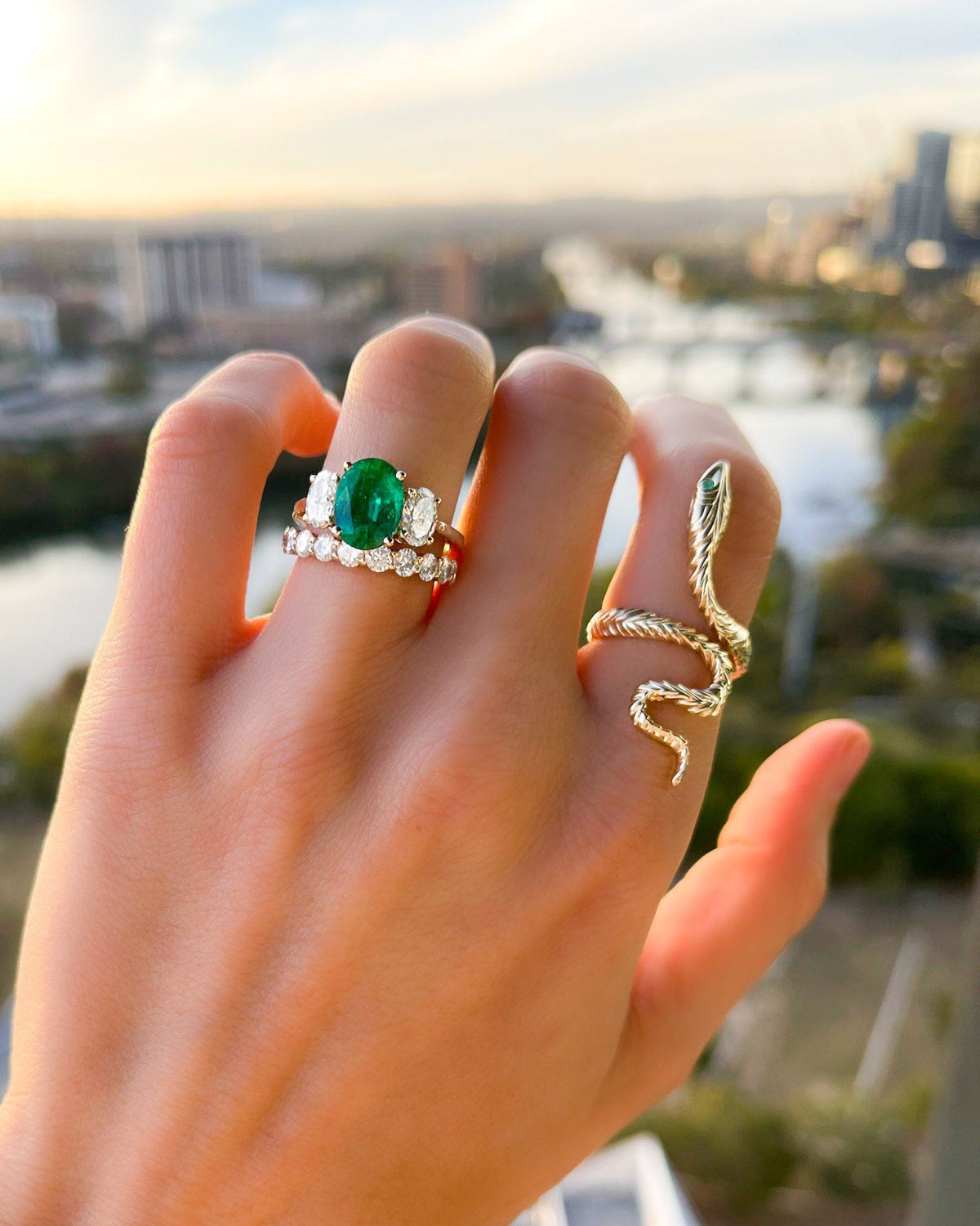 Highlight Triad Ring With Oval Green Emerald by Good Stone available in Gold and Platinum