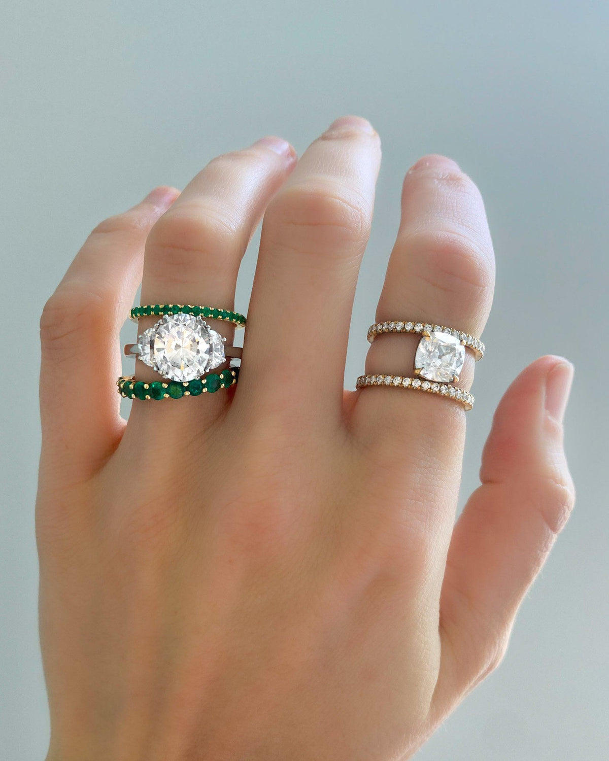Highlight Shared Prong Stacker With Green Emeralds by Good Stone available in Gold and Platinum