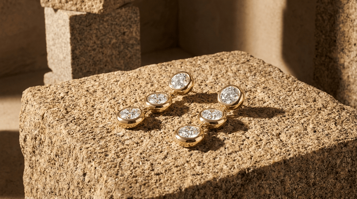 Three-Stone Bezel Diamond Drop Earrings