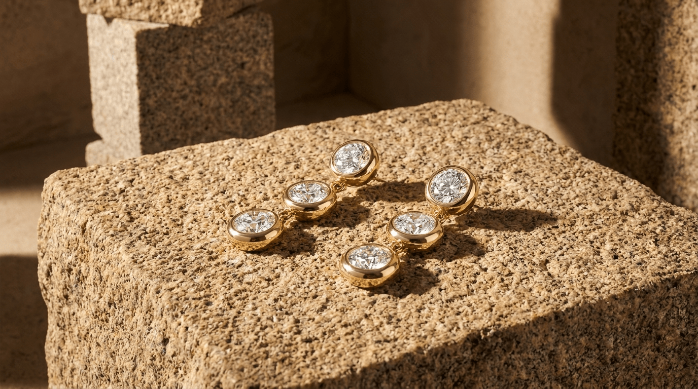 Three-Stone Bezel Diamond Drop Earrings - GOODSTONE