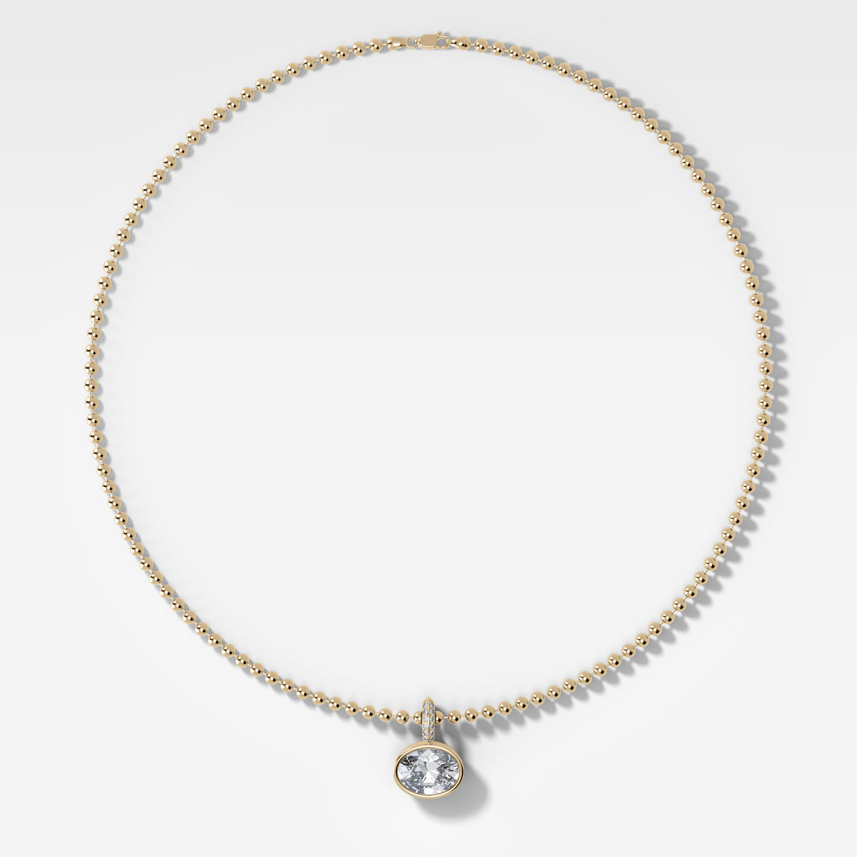 Bezel Set East West Oval Attachable Diamond Pendant with Pavé Knife Edge Bail and Beaded Chain (3mm)