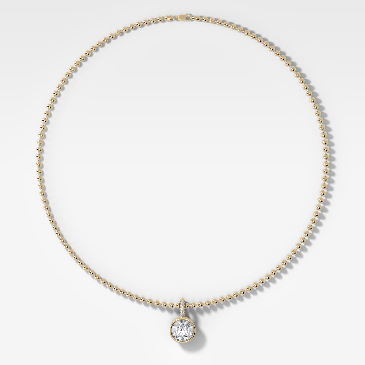 Bezel Set Round Attachable Diamond Pendant with Pavé Knife Edge Bail and Beaded Chain (3mm)