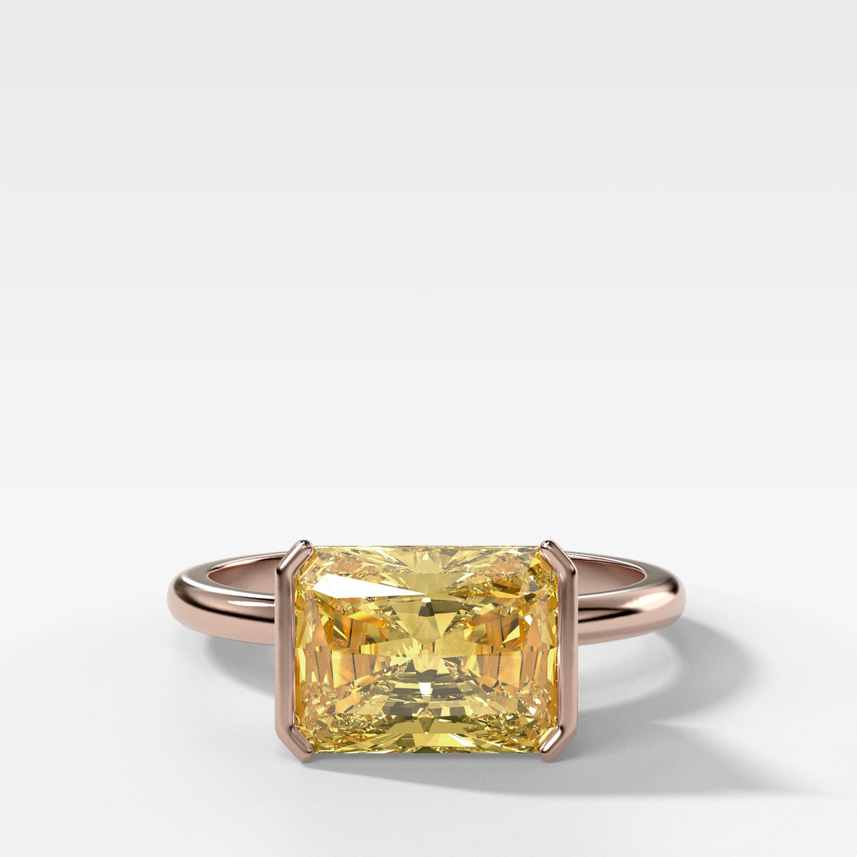 East West Half Bezel Solitaire Engagement Ring With Canary Yellow Elongated Radiant Cut Diamond