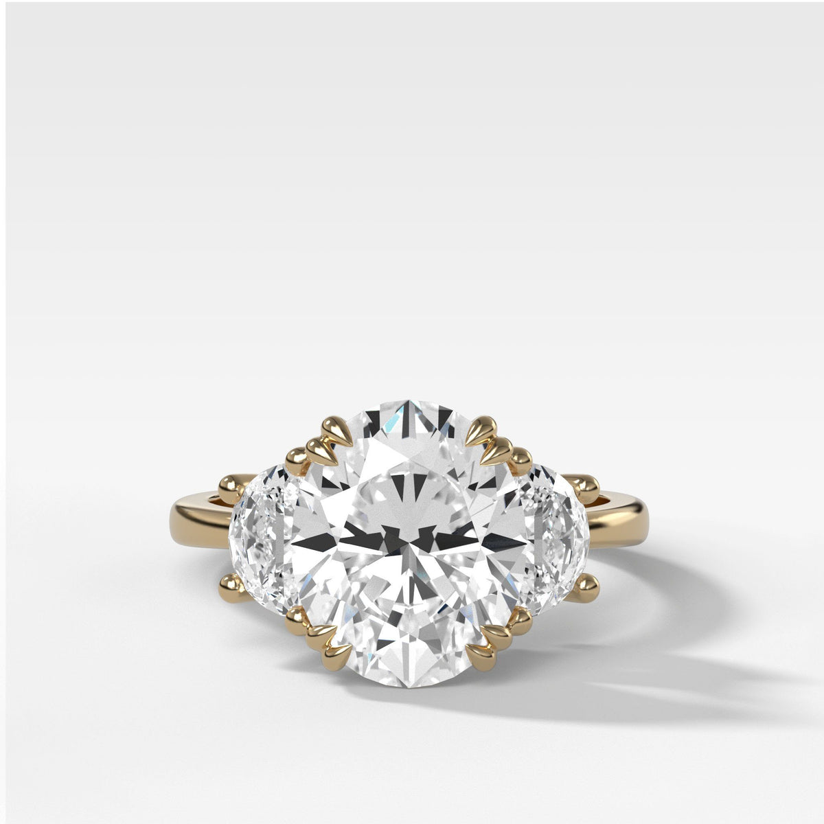 Three Stone Engagement Ring with Half Moon Side Stones set with 2.89ct Lab Grown Oval Cut Diamond