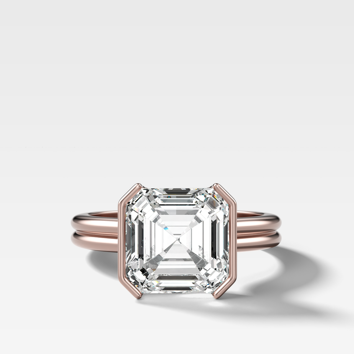 Double Row East West Half Bezel Solitaire Engagement Ring With Asscher Cut Diamond