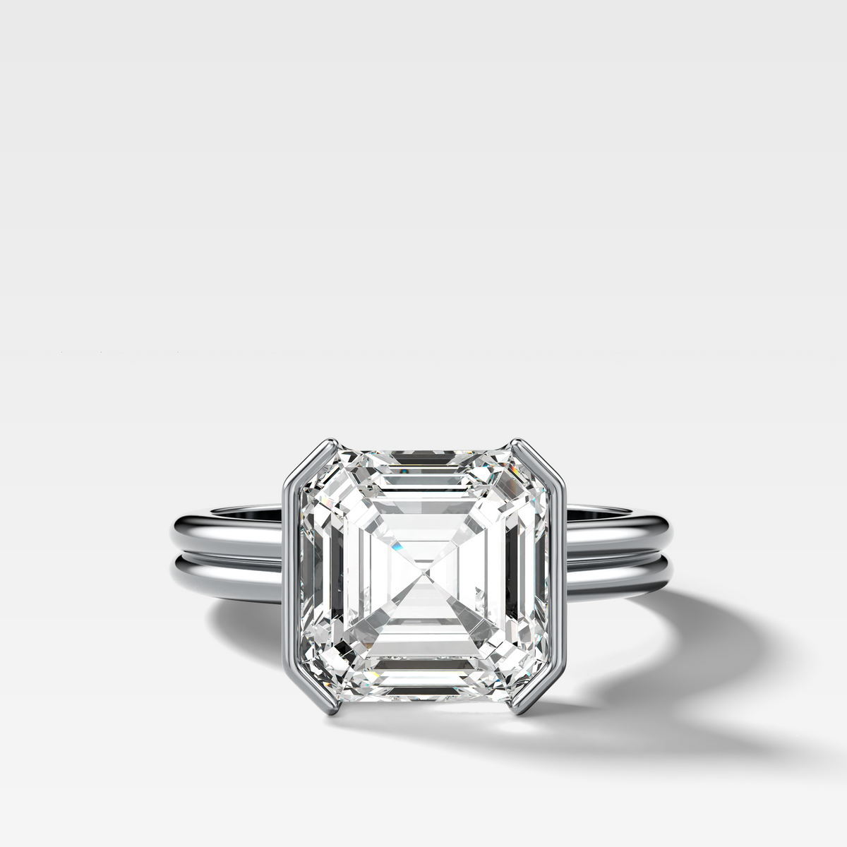Double Row East West Half Bezel Solitaire Engagement Ring With Asscher Cut Diamond