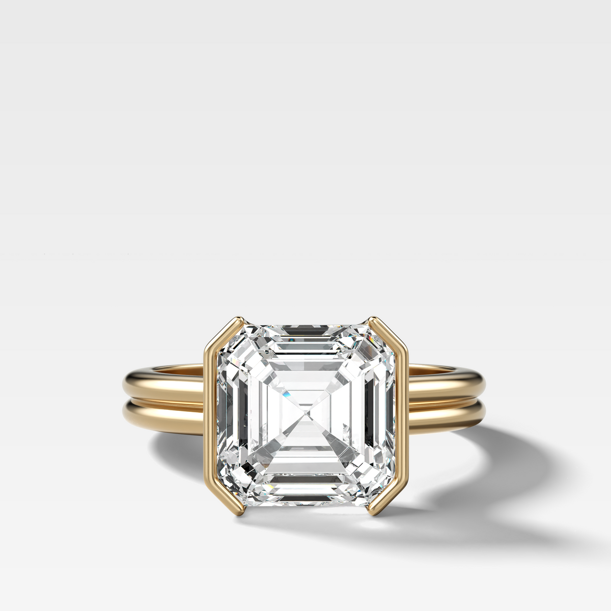 Double Row East West Half Bezel Solitaire Engagement Ring With Asscher Cut Diamond