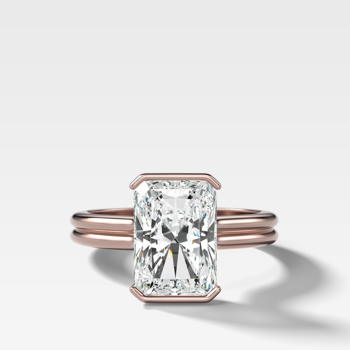 Double Row Half Bezel Solitaire Engagement Ring With Elongated Radiant Cut Diamond