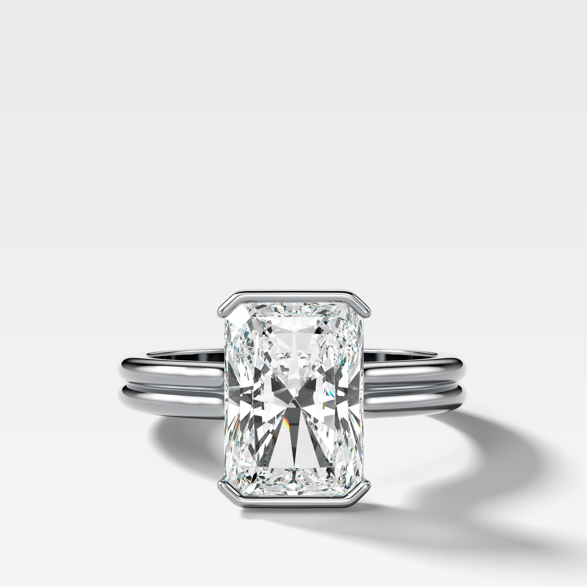 Double Row Half Bezel Solitaire Engagement Ring With Elongated Radiant Cut Diamond