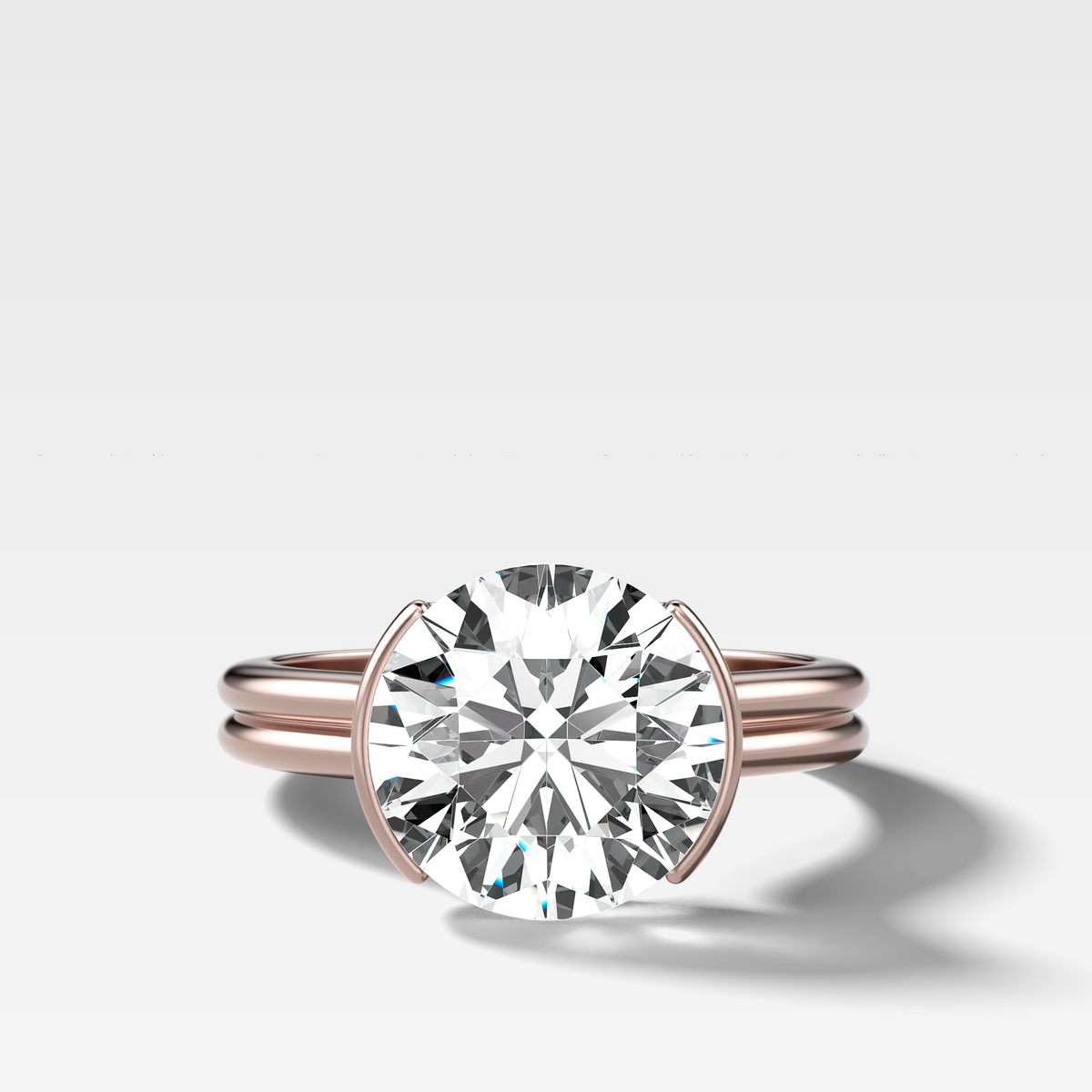 Double Row Half Bezel Solitaire Engagement Ring With Round Cut Diamond