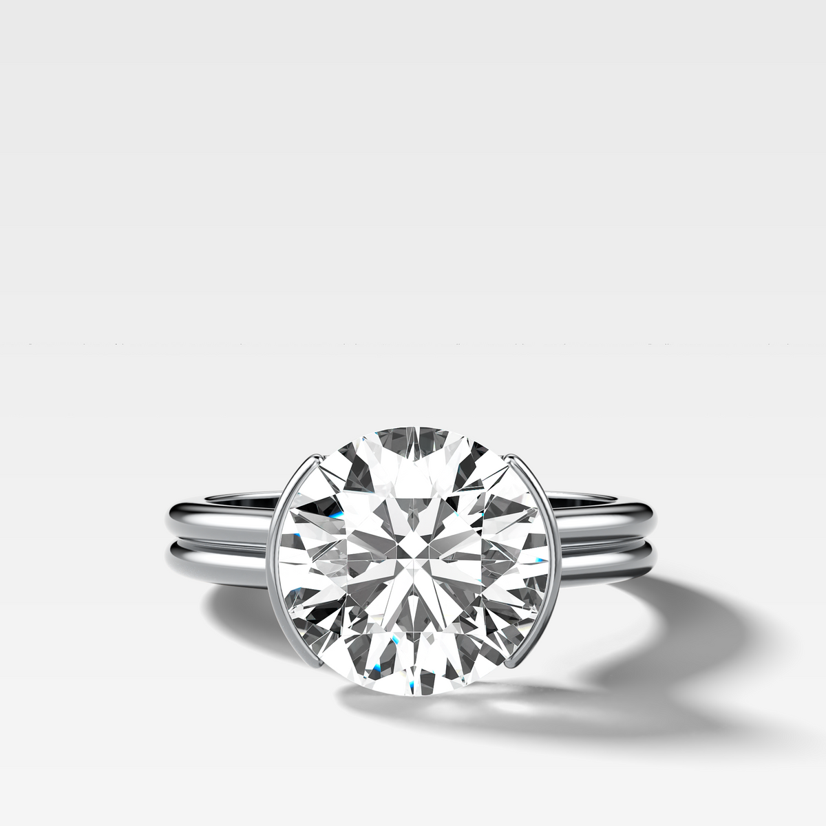 Double Row Half Bezel Solitaire Engagement Ring With Round Cut Diamond