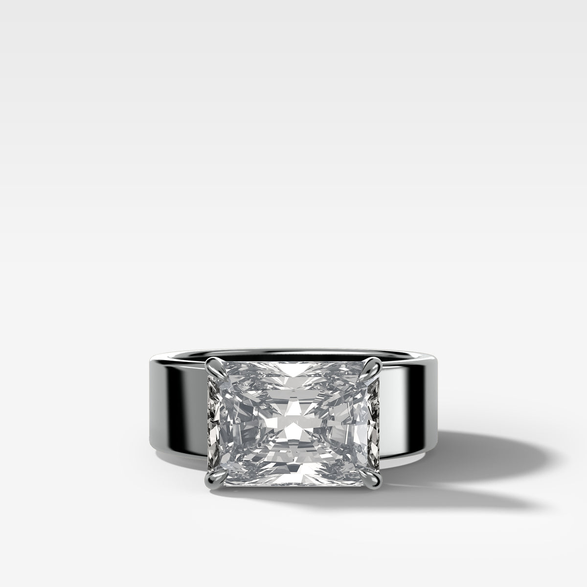 Finest Cigar Band Engagement Ring with East West Elongated Radiant Cut Diamond