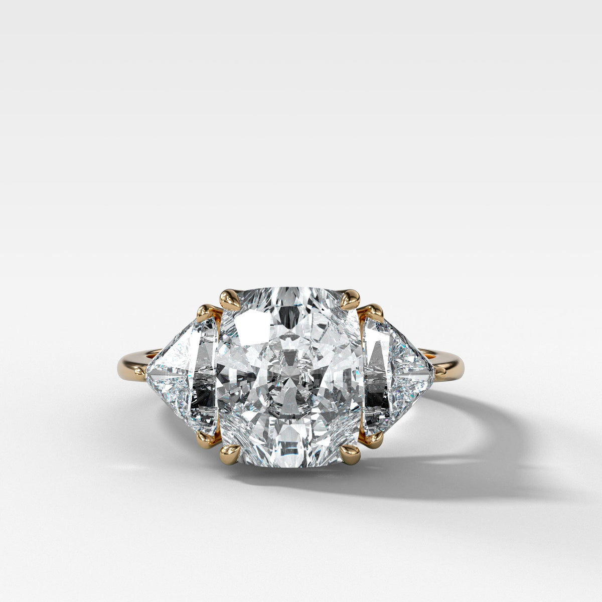 Three Stone Ring with Shield Side Stones set with 4.01ct Lab Grown Elongated Cushion Cut Diamond