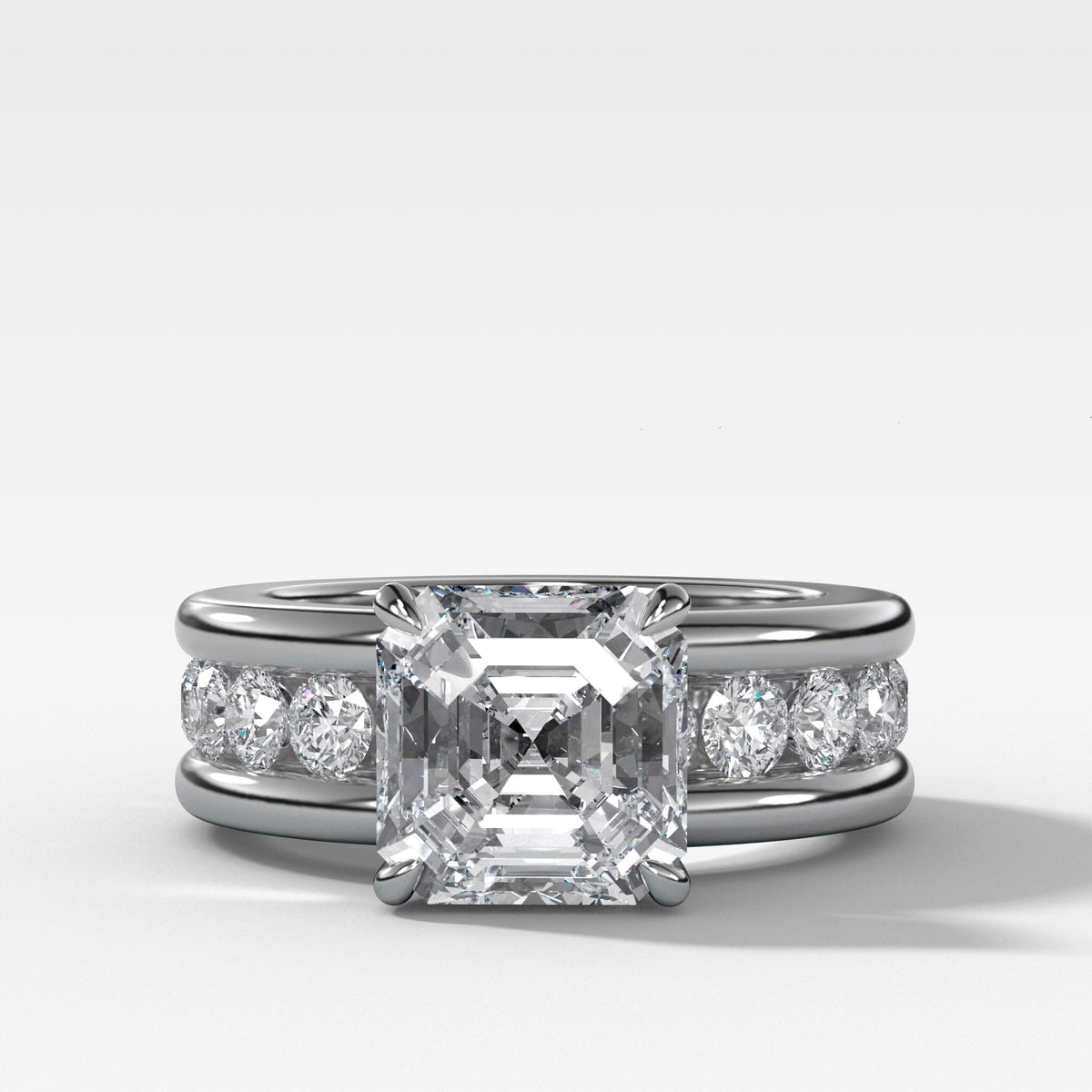 Chunky Channel Set Solitaire Engagement Ring with Asscher Cut Diamond Band Good Stone Inc White Gold 14k Natural