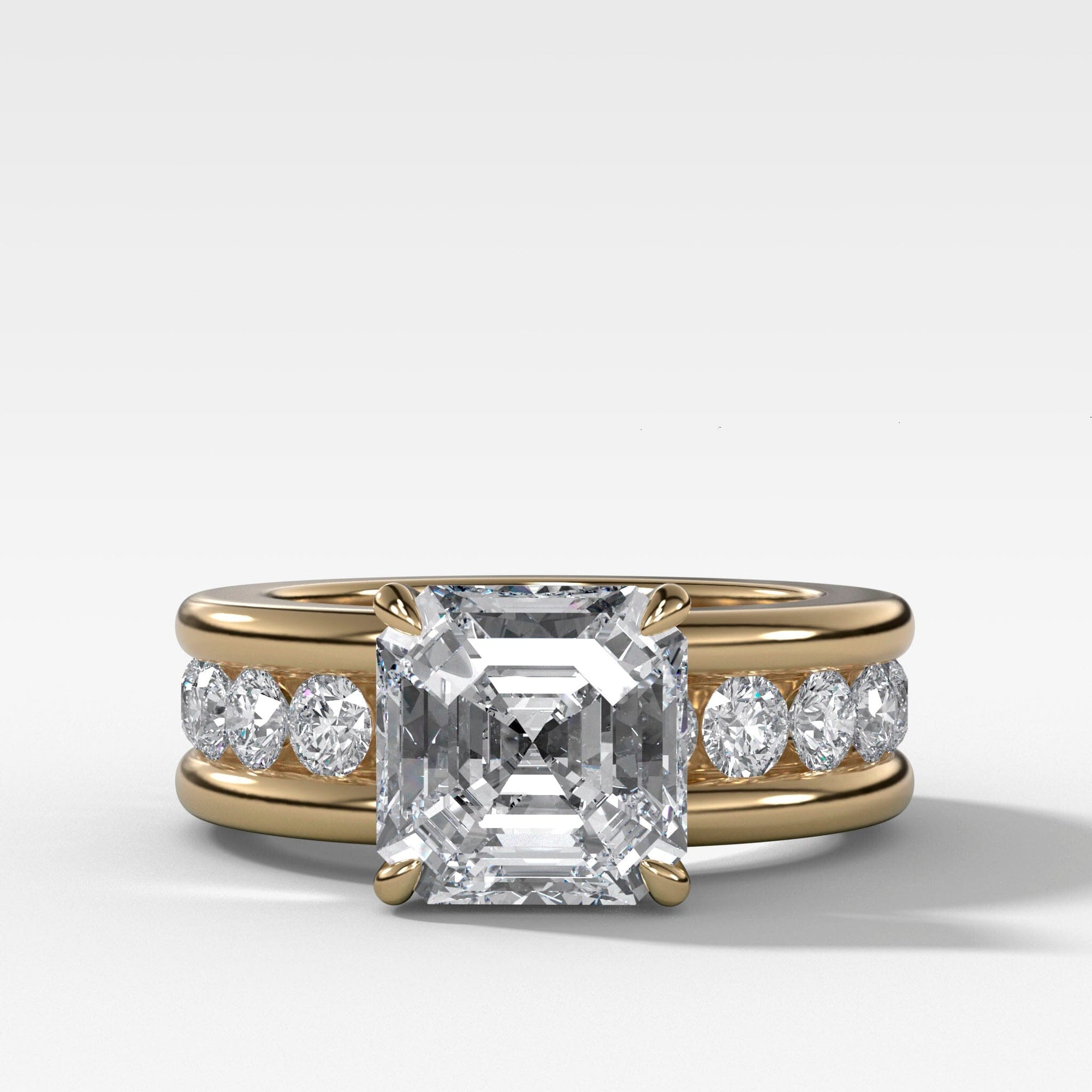 Chunky Channel Set Solitaire Engagement Ring with Asscher Cut Diamond Band Good Stone Inc Yellow Gold 14k Natural