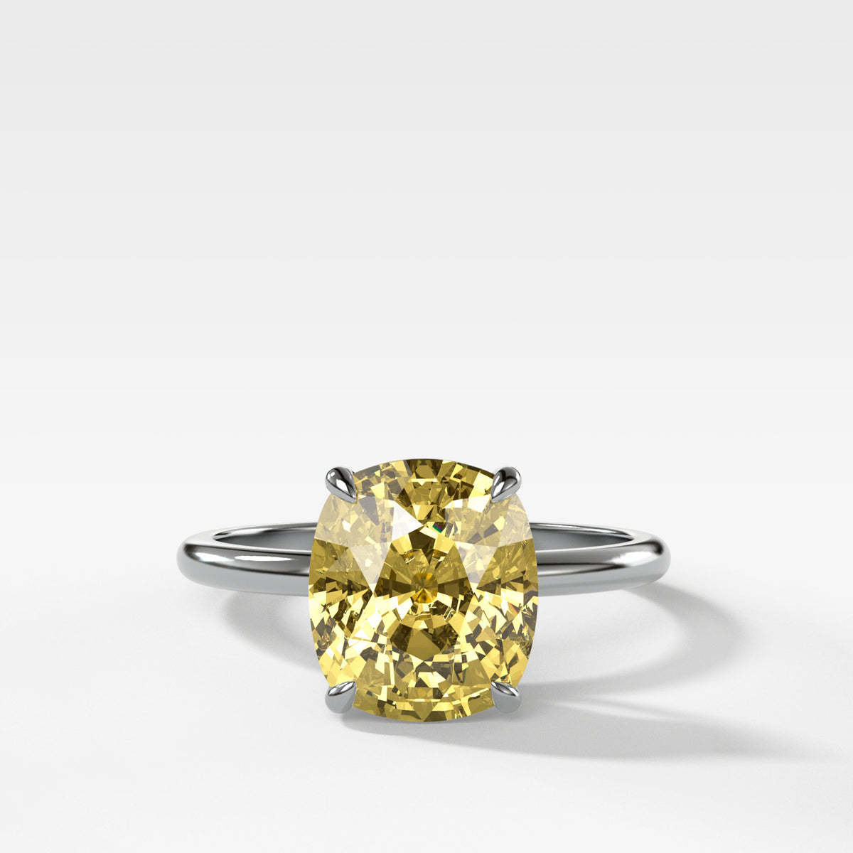 Thin + Simple Solitaire Engagement Ring With Canary Yellow Elongated Cushion Cut Diamond