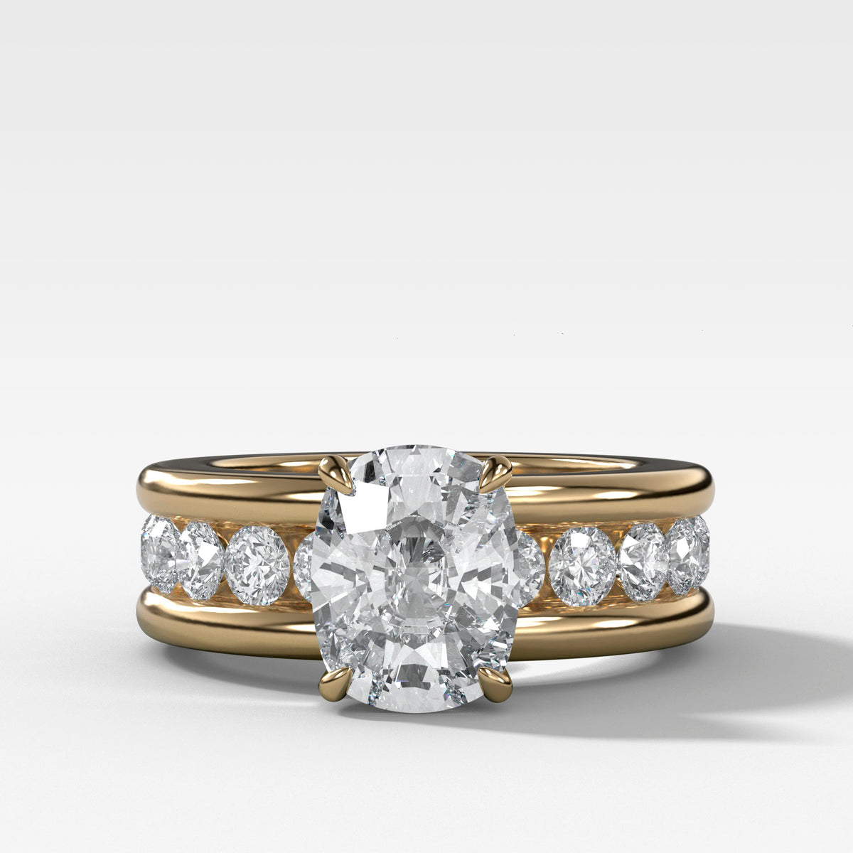 Chunky Channel Set Engagement Ring with Elongated Cushion Cut Diamond
