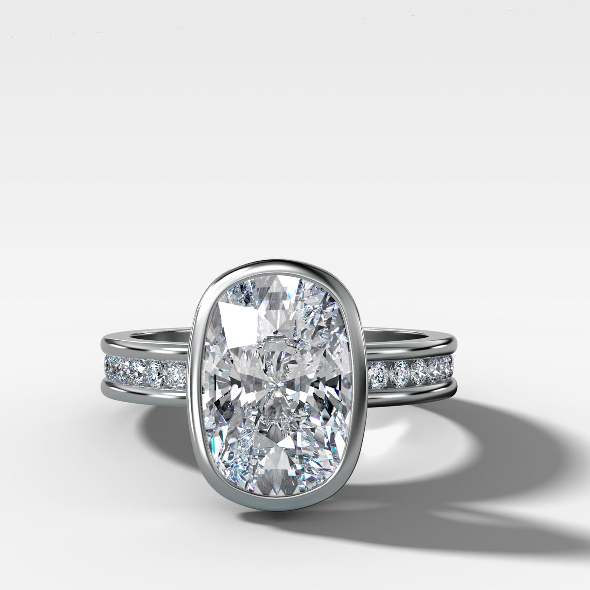 Petite Channel Bezel Set Engagement Ring with Elongated Cushion Cut Diamond