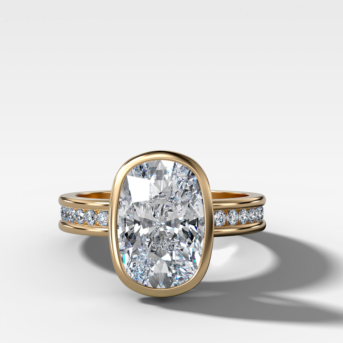 Petite Channel Bezel Set Engagement Ring with Elongated Cushion Cut Diamond