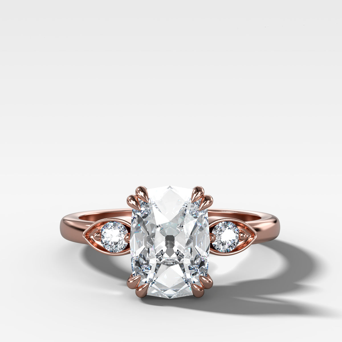 Vintage Ridge Shank Diamond Engagement Ring With Elongated Old Mine Cut Diamond