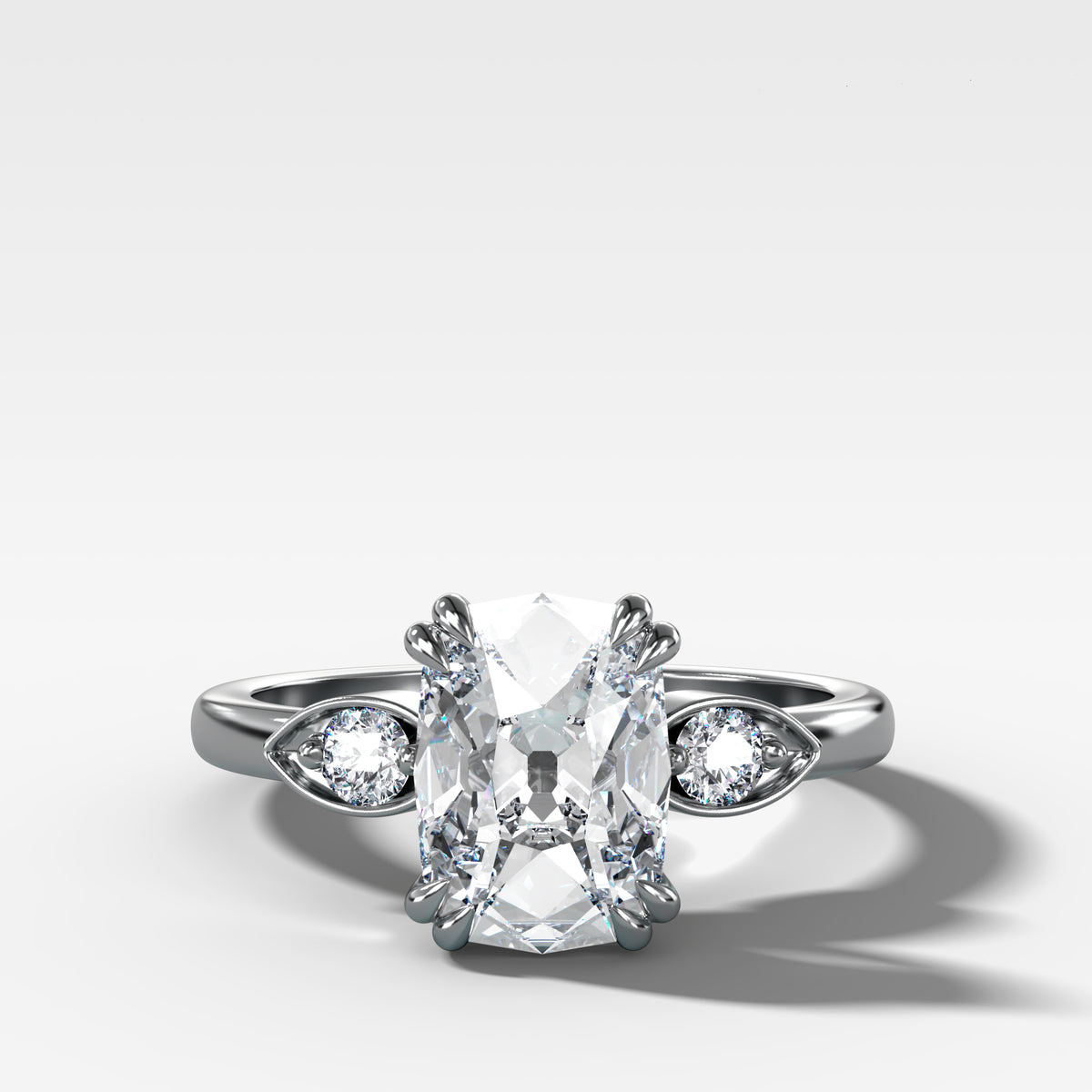 Vintage Ridge Shank Diamond Engagement Ring With Elongated Old Mine Cut Diamond