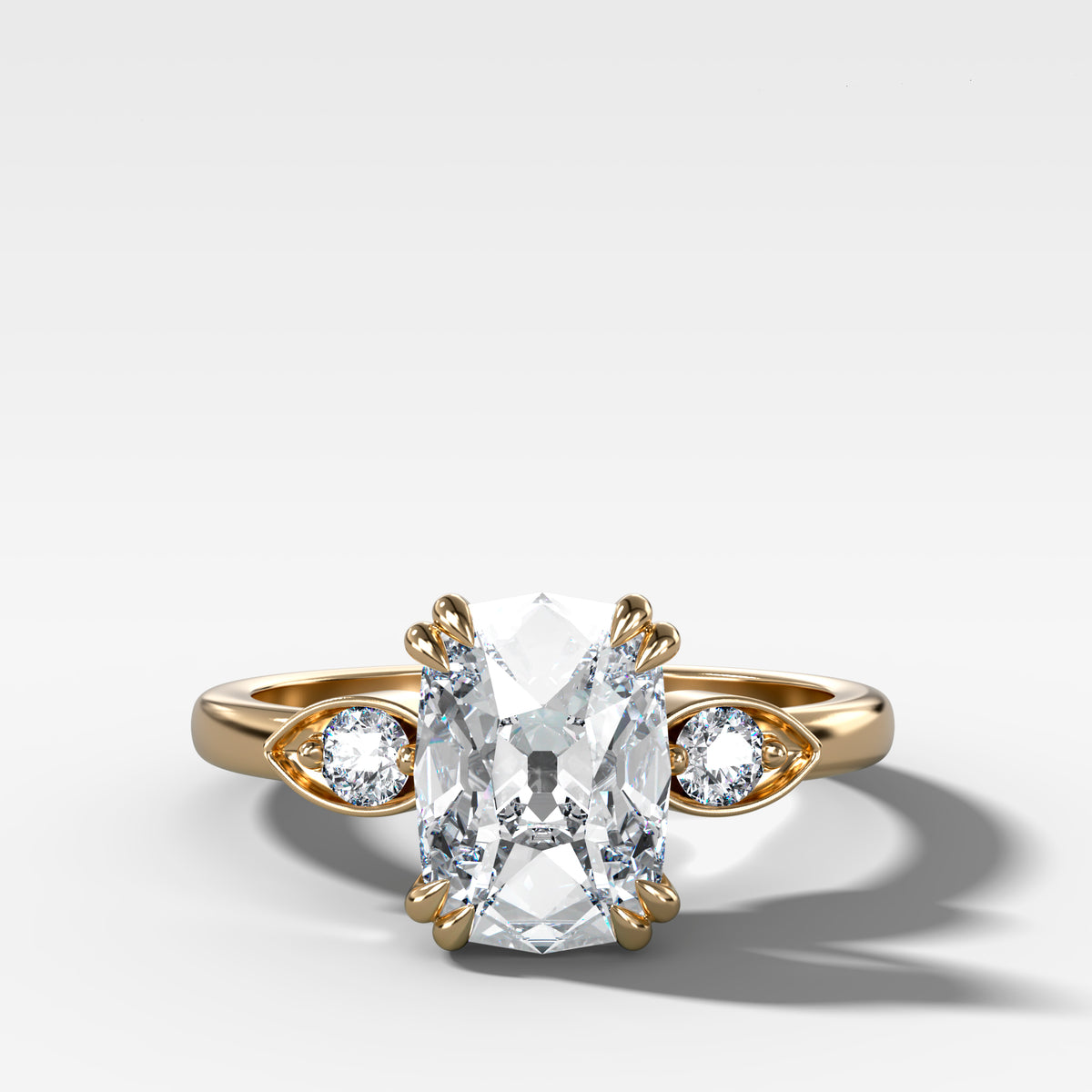 Vintage Ridge Shank Diamond Engagement Ring With Elongated Old Mine Cut Diamond