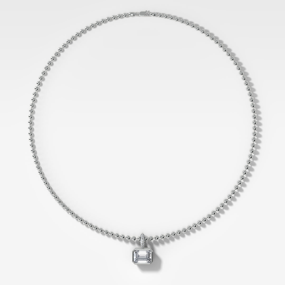 Bezel Set East West Emerald Attachable Diamond Pendant with Pavé Knife Edge Bail and Beaded Chain (3mm)