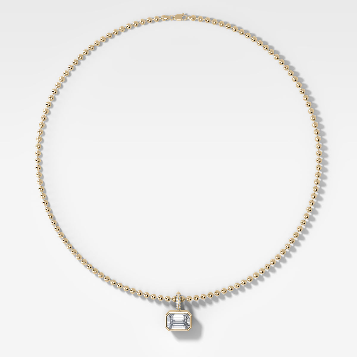 Bezel Set East West Emerald Attachable Diamond Pendant with Pavé Knife Edge Bail and Beaded Chain (3mm)