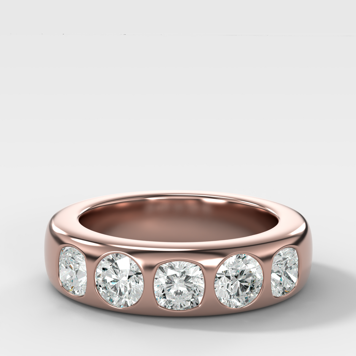 Chunky Burnished Five Stone Wedding Band with with Alternating Cushion and Round Cut Diamonds