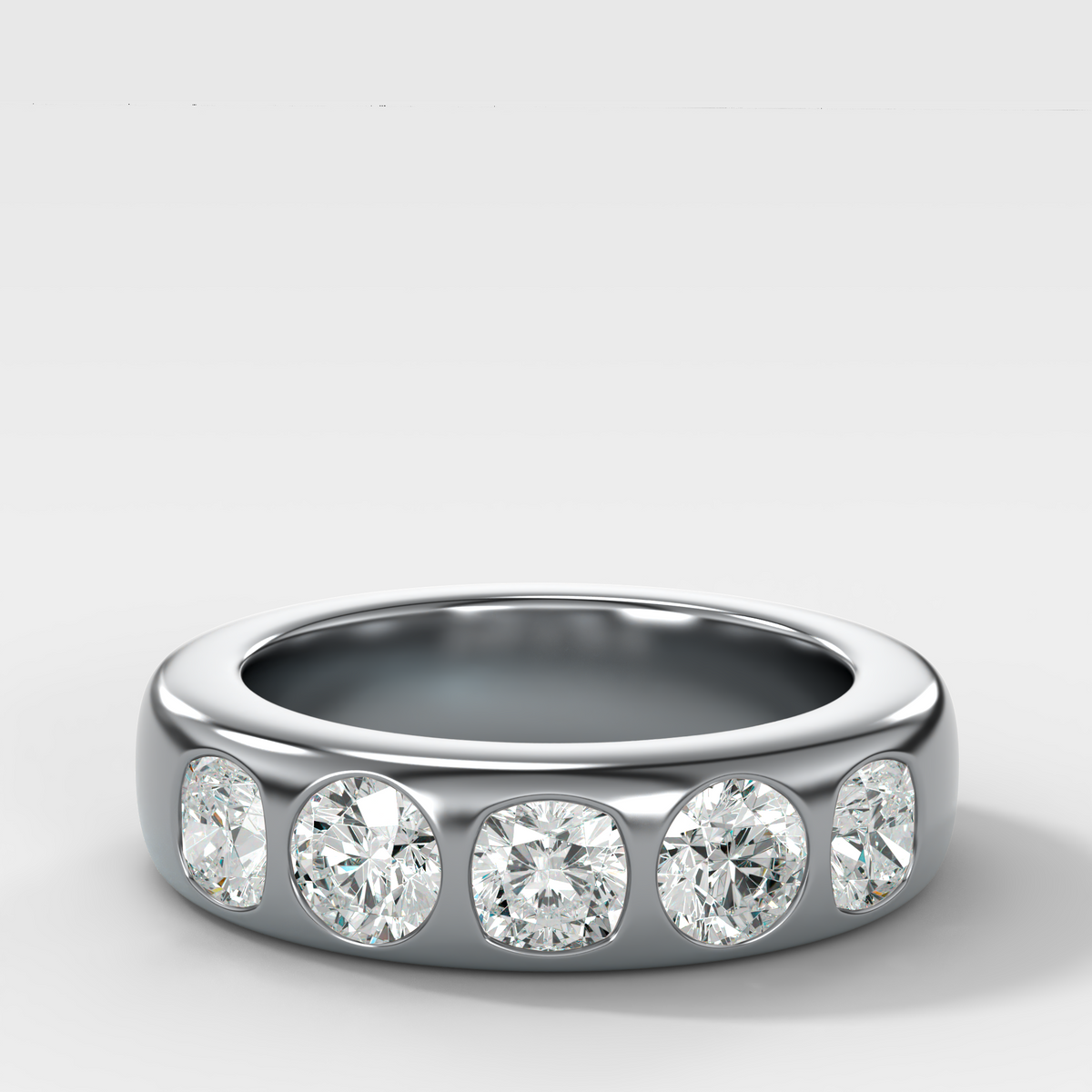 Chunky Burnished Five Stone Wedding Band with with Alternating Cushion and Round Cut Diamonds