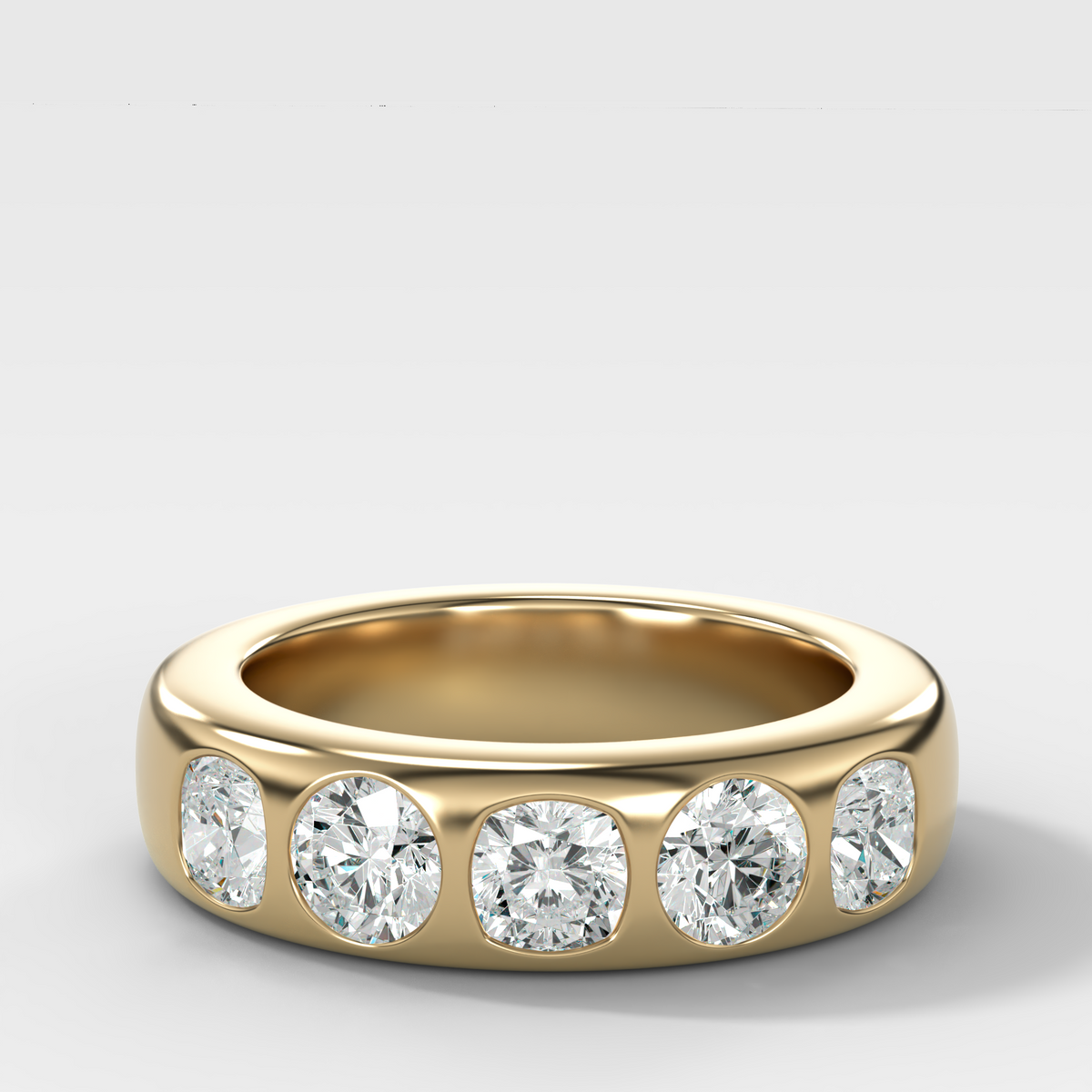 Chunky Burnished Five Stone Wedding Band with with Alternating Cushion and Round Cut Diamonds