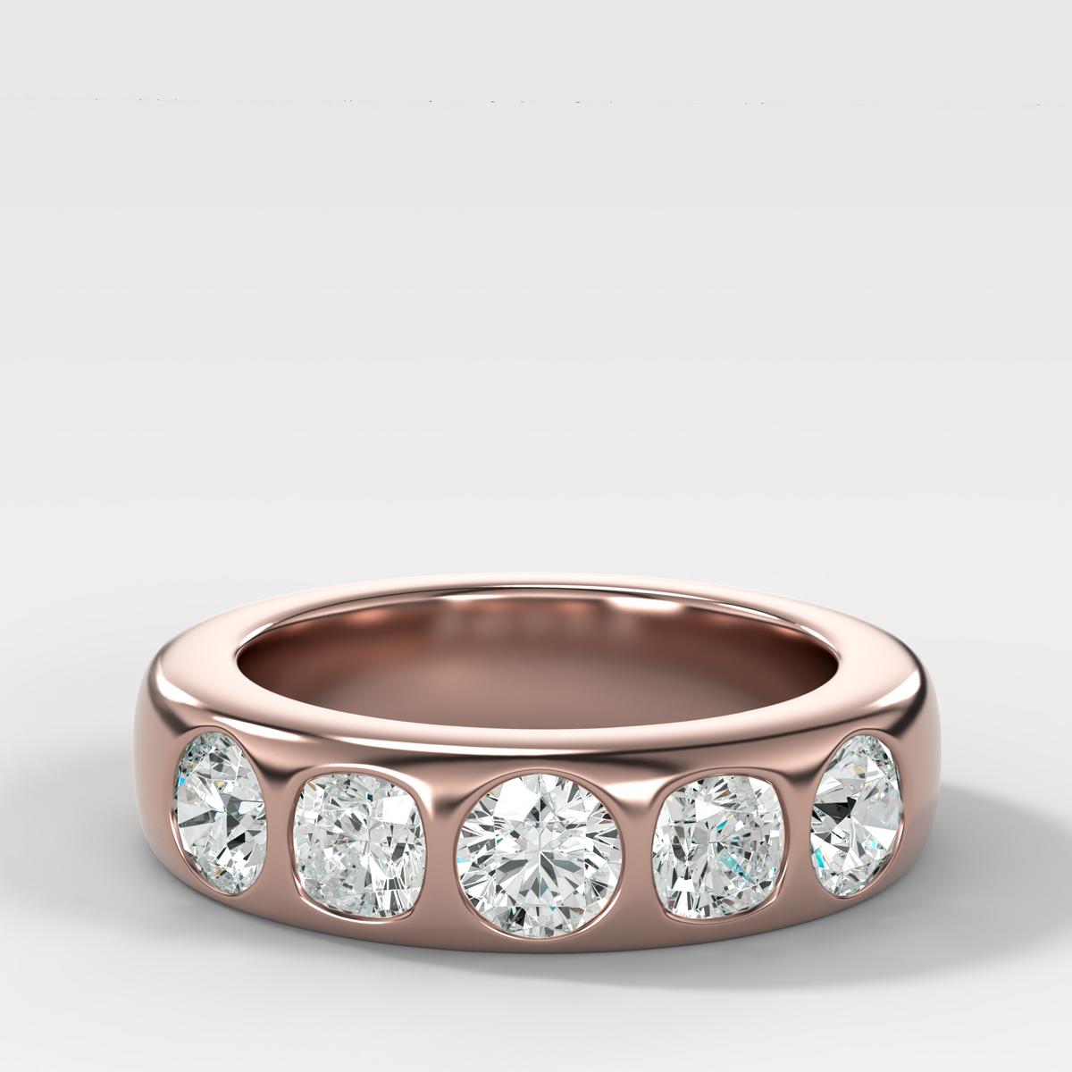 Chunky Burnished Five Stone Wedding Band with with Alternating Round and Cushion Cut Diamonds
