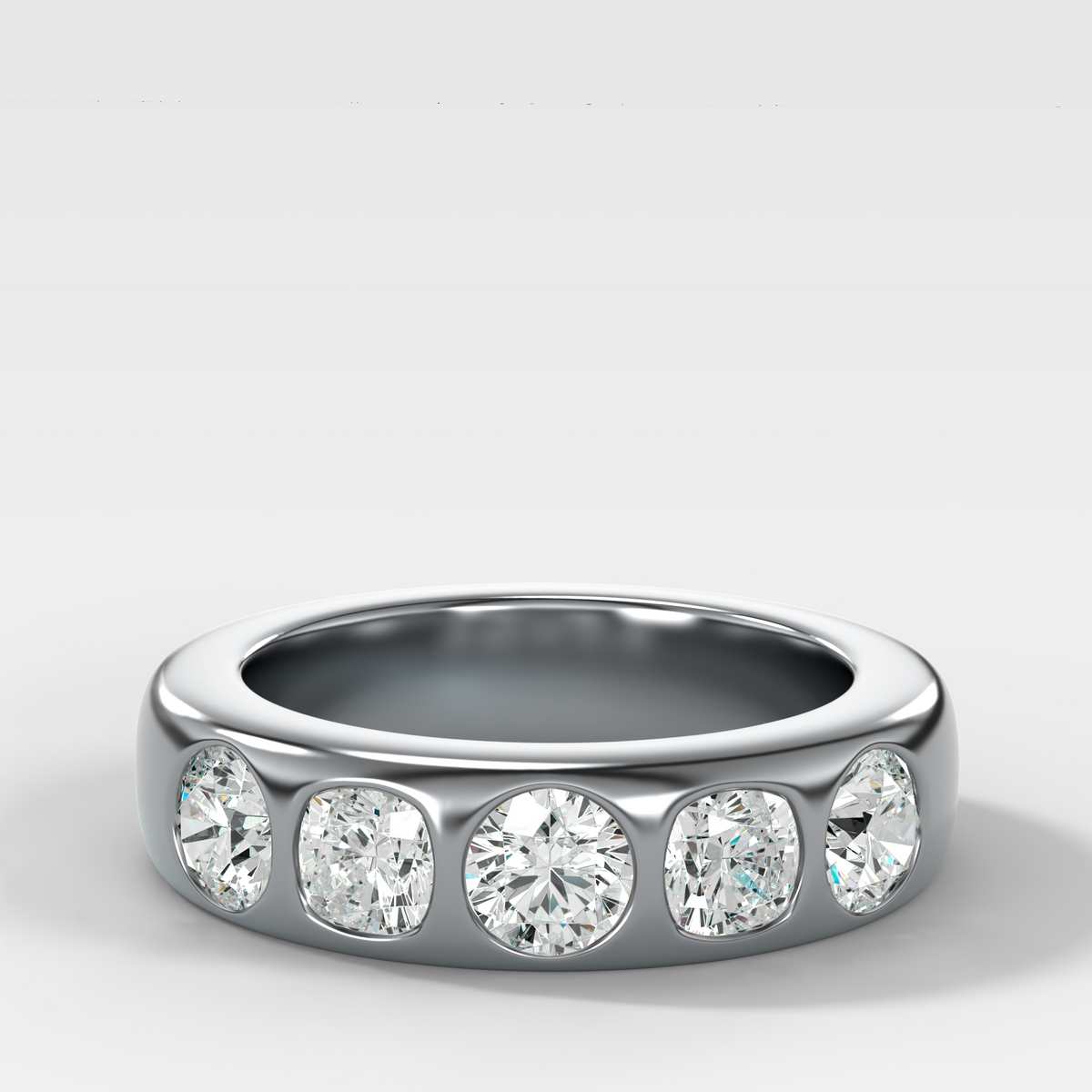 Chunky Burnished Five Stone Wedding Band with with Alternating Round and Cushion Cut Diamonds