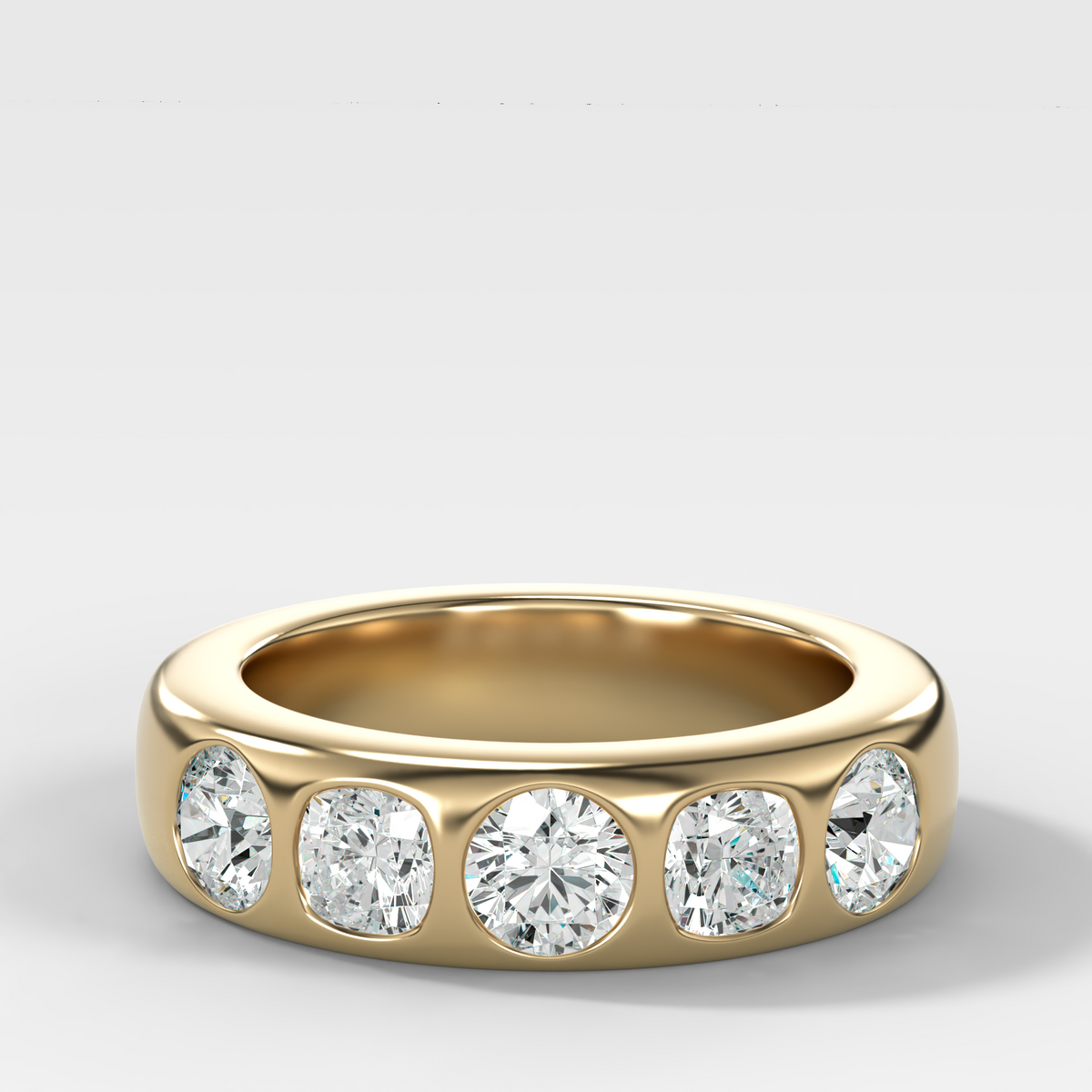 Chunky Burnished Five Stone Wedding Band with with Alternating Round and Cushion Cut Diamonds