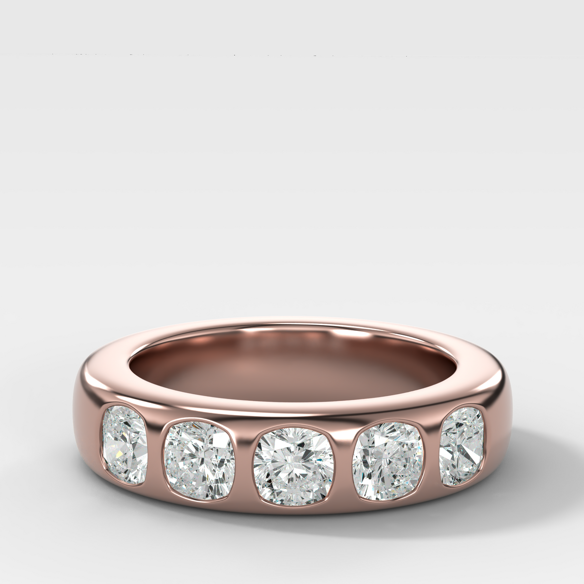 Chunky Burnished Five Stone Wedding Band with Cushion Cut Diamonds