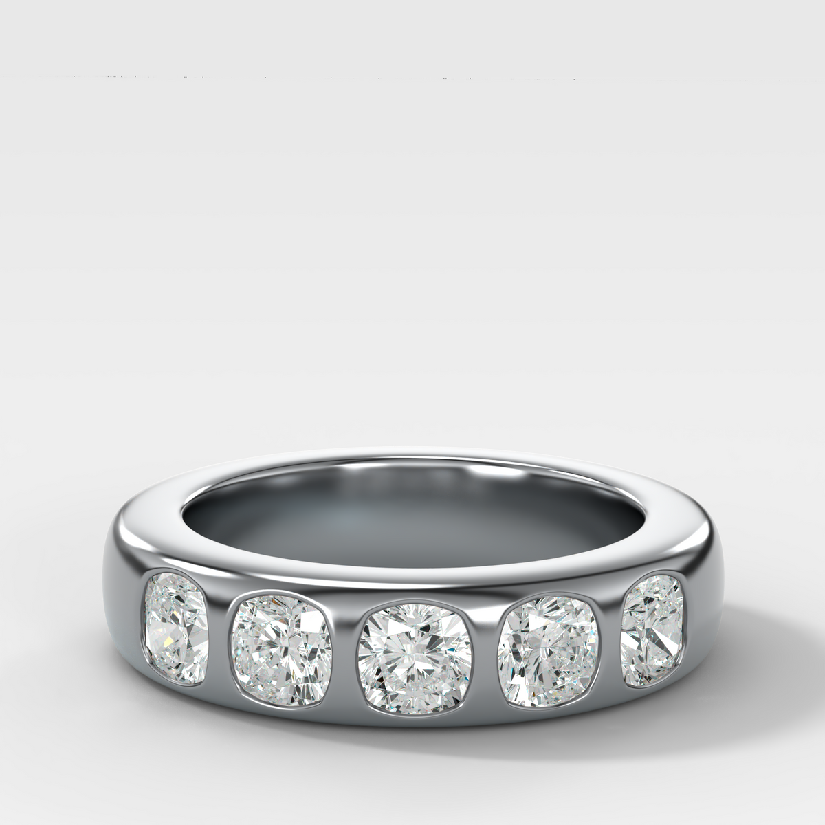 Chunky Burnished Five Stone Wedding Band with Cushion Cut Diamonds