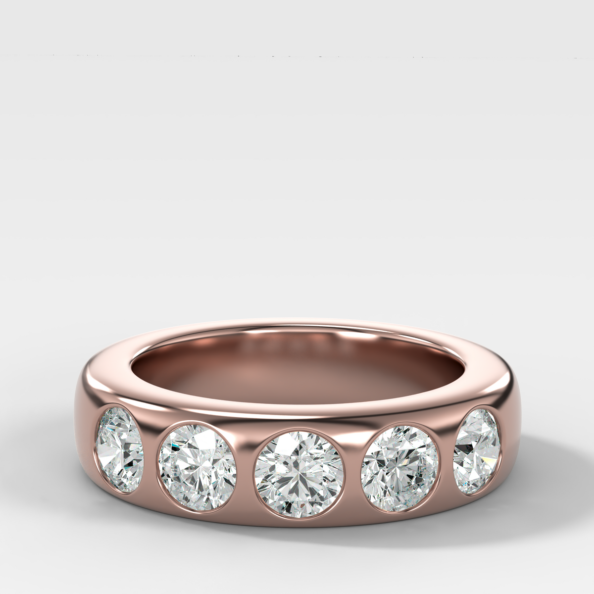 Chunky Burnished Five Stone Wedding Band with Round Cut Diamonds