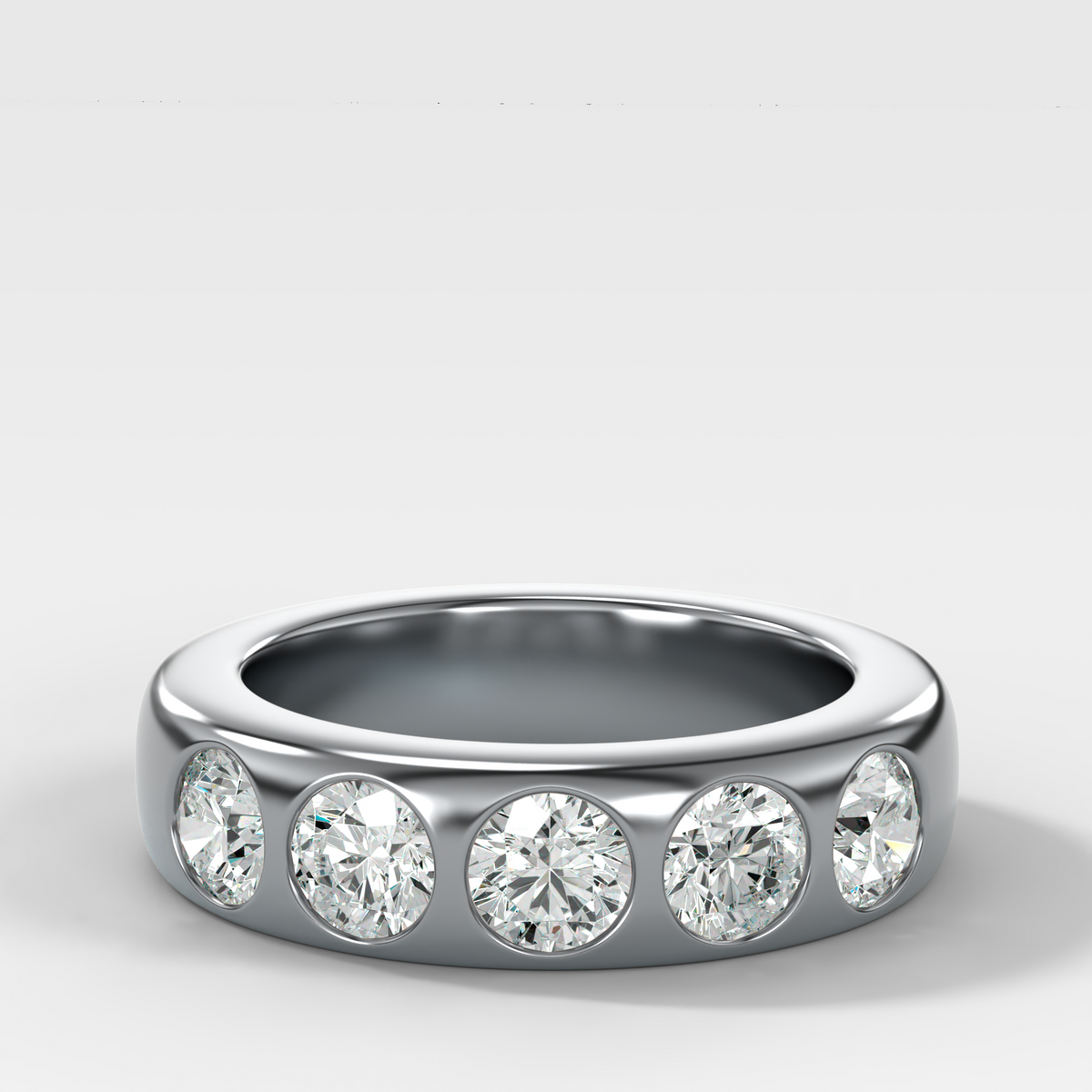Chunky Burnished Five Stone Wedding Band with Round Cut Diamonds