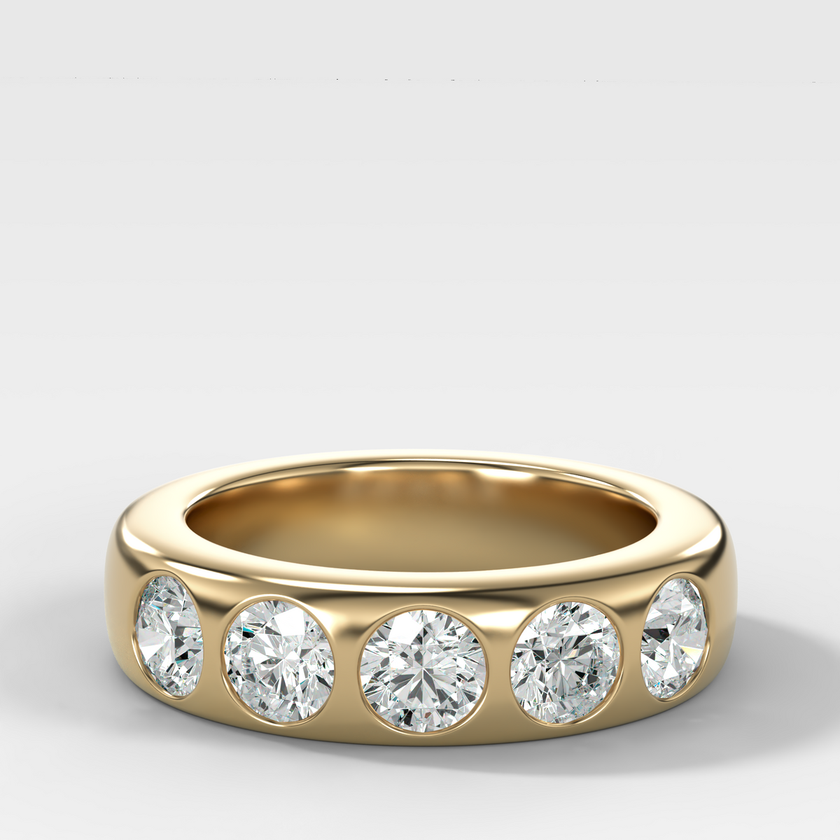 Chunky Burnished Five Stone Wedding Band with Round Cut Diamonds