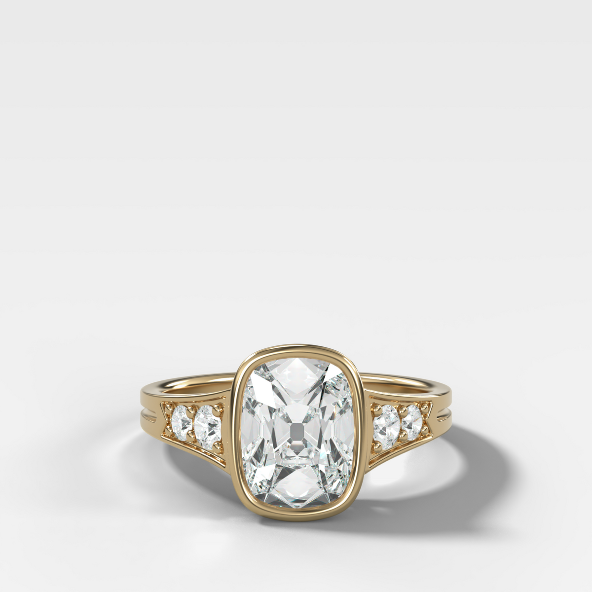 Elongated Old Mine Bezel Engagement Ring with a Tapered Pavé Band
