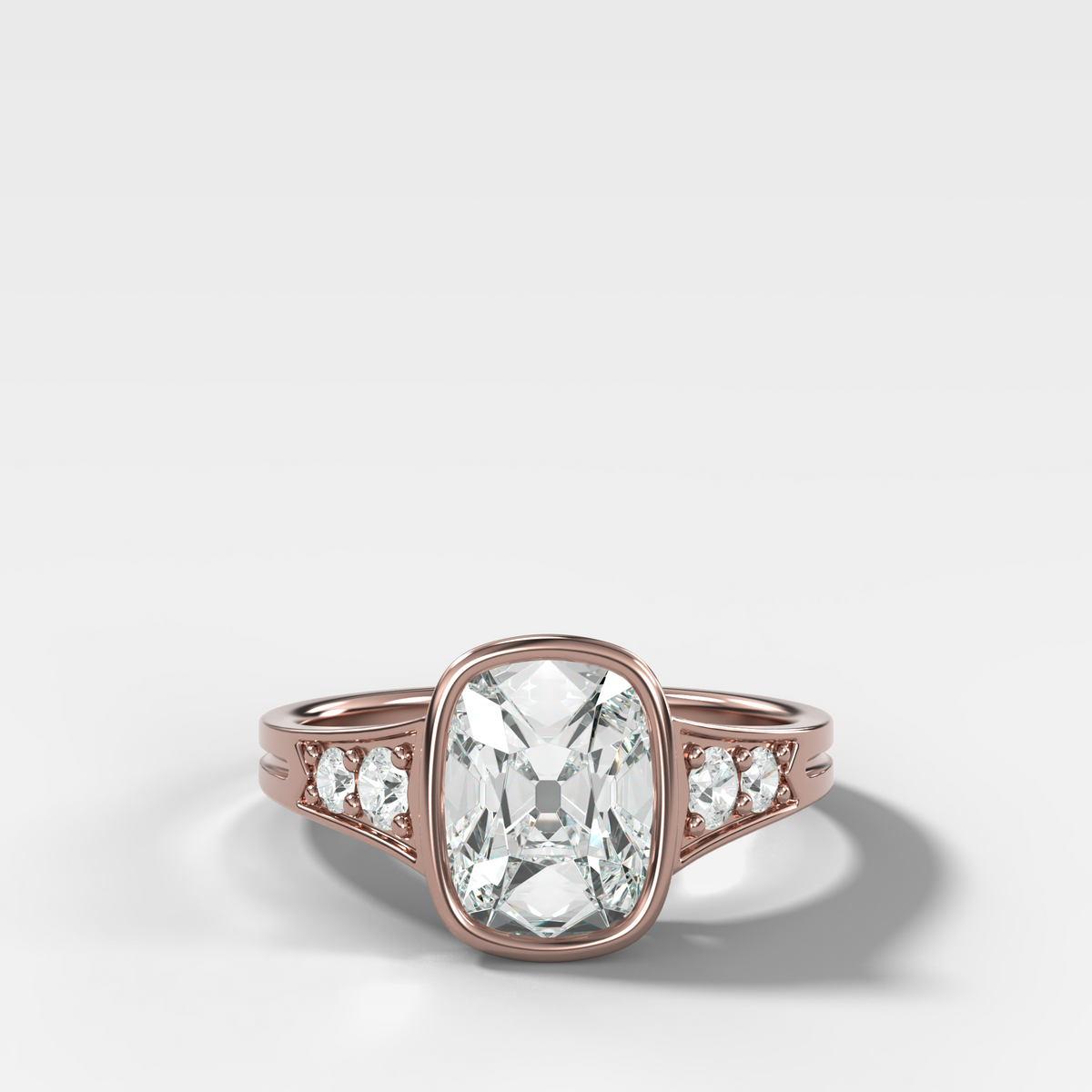 Elongated Old Mine Bezel Engagement Ring with a Tapered Pavé Band